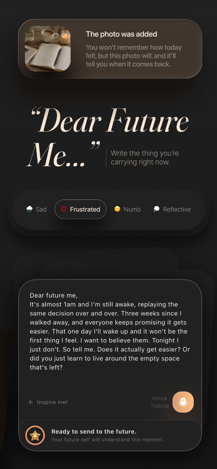 Future Note — writing screen with mood, photo and prompt
